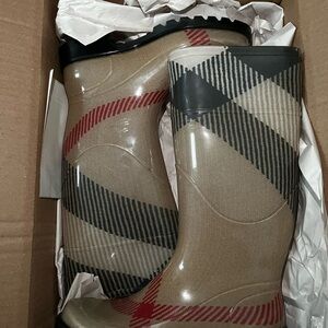 Burberry Checkered Rain Boots in Black, Tan, and Red